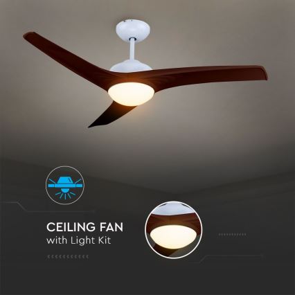 Trojlistý stropný ventilátor s hnedými lopatkami a bielym krytom je pripevnený k stropu. Svieti integrované LED osvetlenie. Text: CEILING FAN with Light Kit.