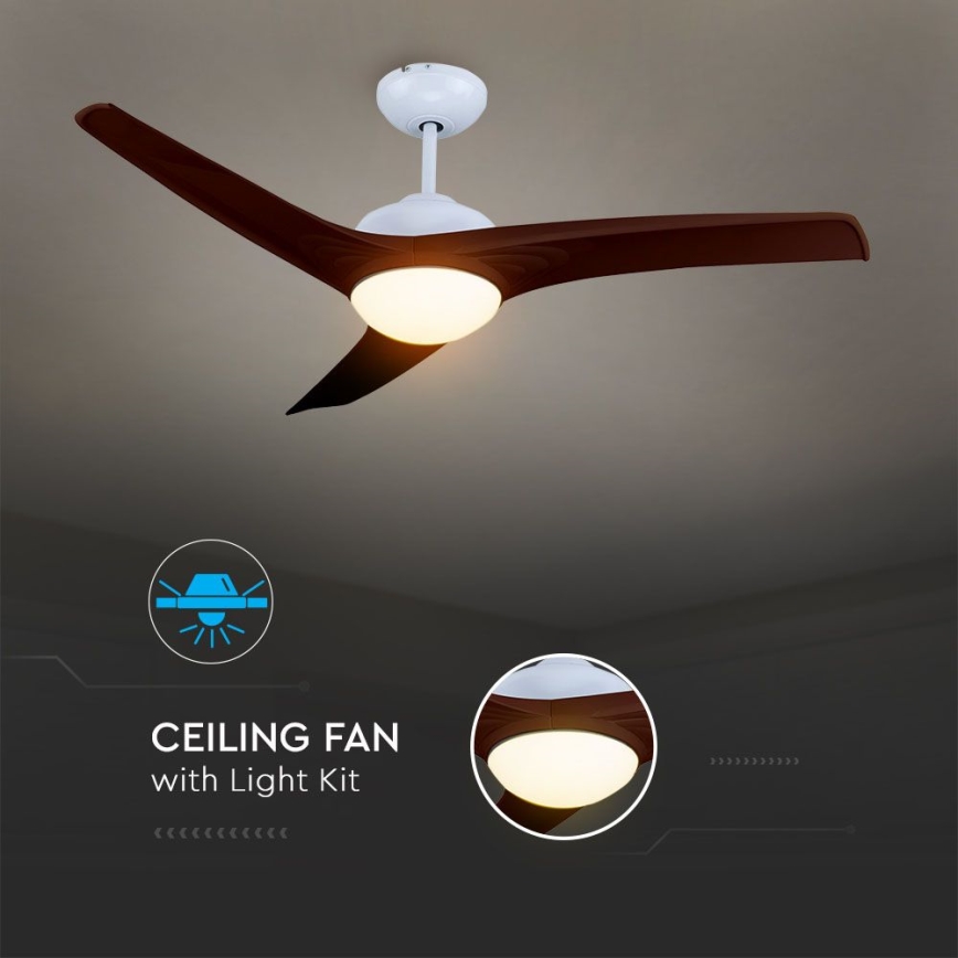Trojlistý stropný ventilátor s hnedými lopatkami a bielym krytom je pripevnený k stropu. Svieti integrované LED osvetlenie. Text: CEILING FAN with Light Kit.