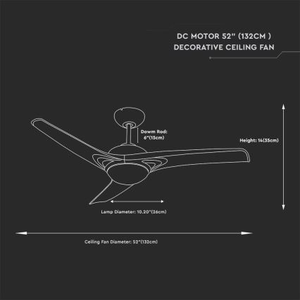 Dekoračný stropný ventilátor s priemerom 132 cm má tri lopaty. Jeho výška je 35 cm, priemer lampy 26 cm a dĺžka tyče 15 cm. Je to DC motorový ventilátor.
