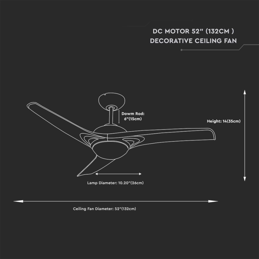 Dekoračný stropný ventilátor s priemerom 132 cm má tri lopaty. Jeho výška je 35 cm, priemer lampy 26 cm a dĺžka tyče 15 cm. Je to DC motorový ventilátor.