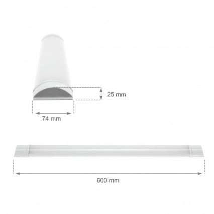 LED panel s rozmermi 74 mm x 25 mm x 600 mm je zobrazený v dvoch pozíciách: zhora a zboku. Je bielej farby.