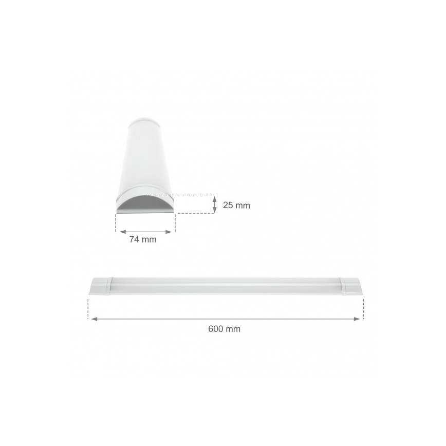 LED panel s rozmermi 74 mm x 25 mm x 600 mm je zobrazený v dvoch pozíciách: zhora a zboku. Je bielej farby.