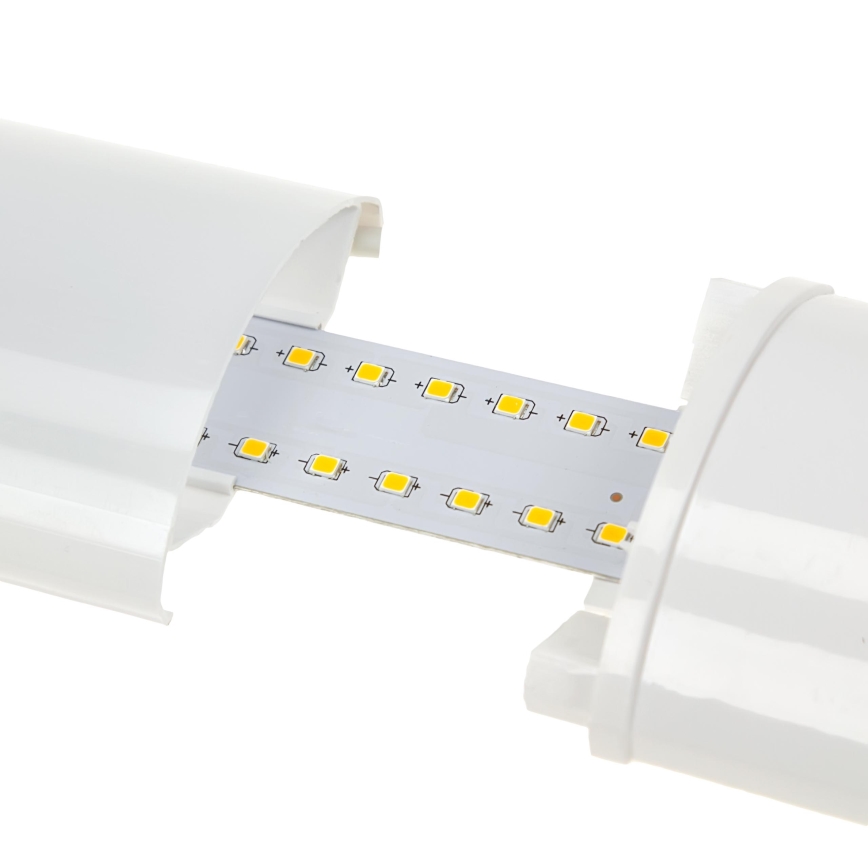 LED trubica je čiastočne rozobratá, odhaľujúc LED diódy na doske plošných spojov. Diódy sú usporiadané v dvoch radoch. Biela plastová trubica tvorí kryt.