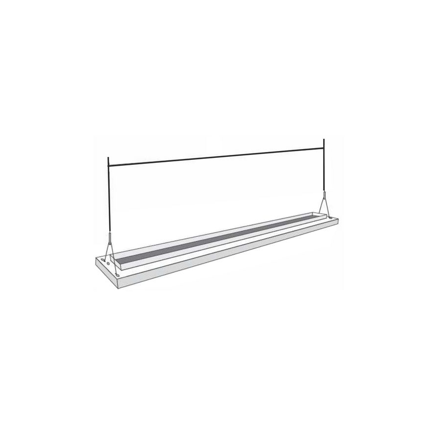 Dlhá, obdĺžniková svietidlo visí zo stropu na dvoch tenkých kábloch a je pripevnené k kovovej tyči. Svietidlo obsahuje dva úzke, rovnobežné svetelné panely.