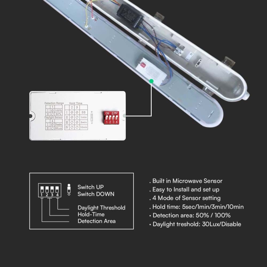 LED technické žiarivkové svietidlo so senzorom pohybu a súmraku LED/48W/230V IP65 6500K 150 cm