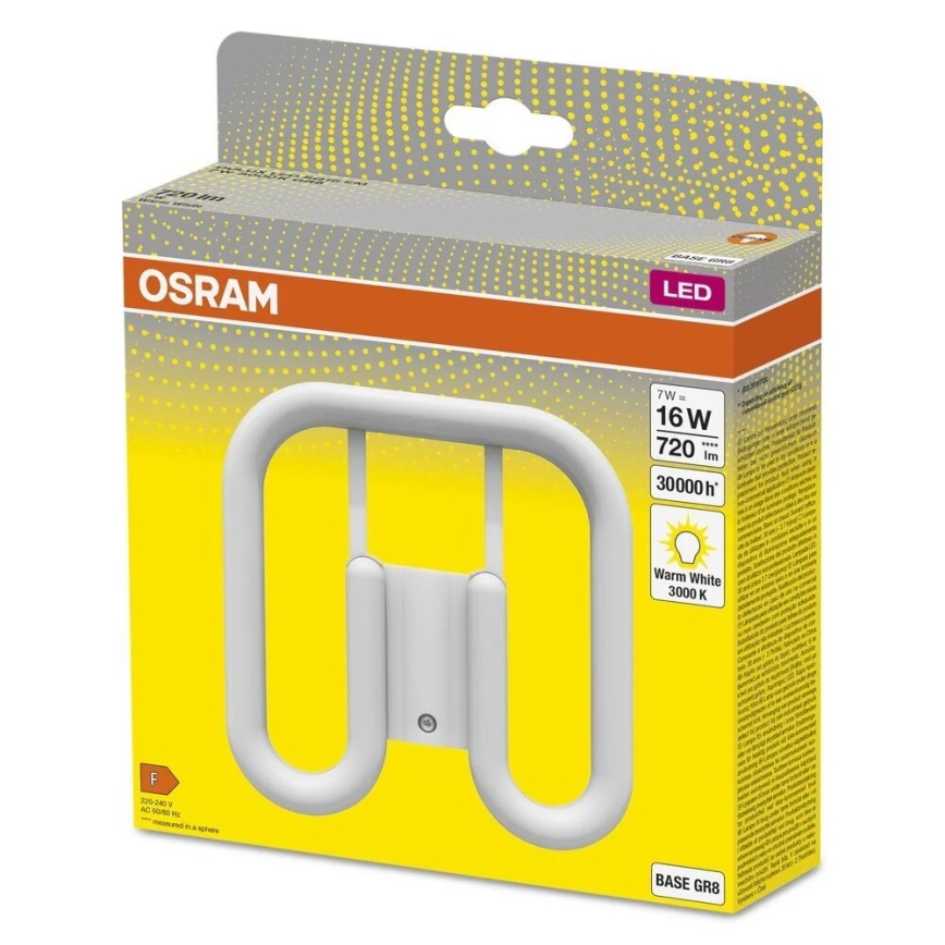 LED žiarovka OSRAM v balení. Žiarovka má tvar písmena „U“, je biela a určená na montáž. Balenie uvádza: 7W = 16W, 720 lm, 30000 h, Warm White 3000 K, Base GR8.