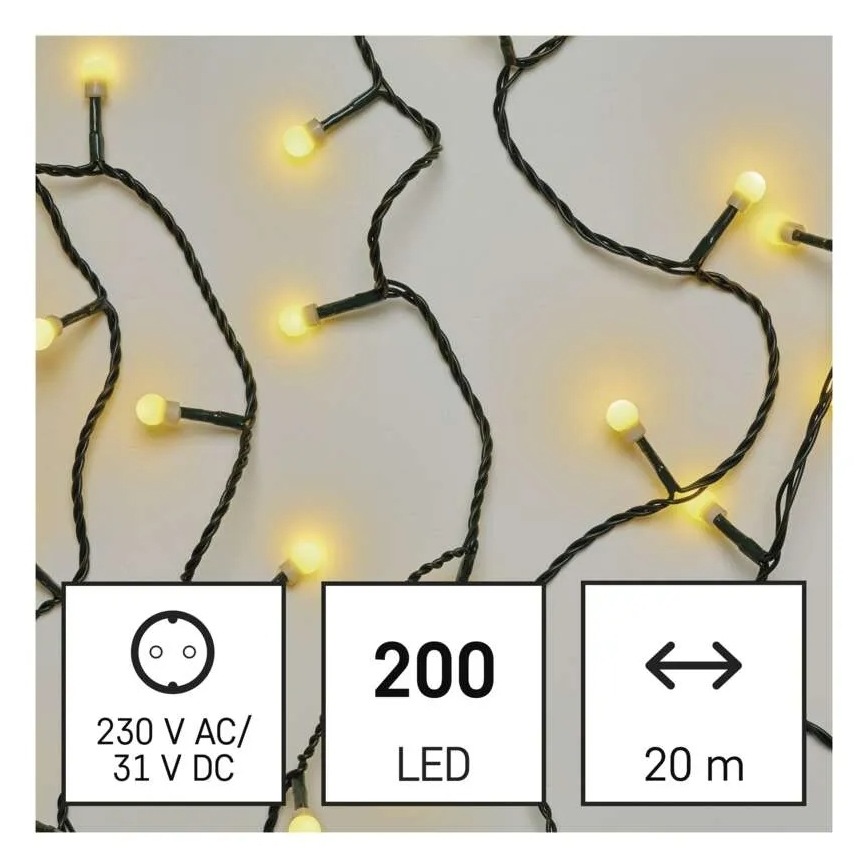 LED vianočná reťaz 200 LED / 8 funkcií, 20 m, IP44, teplá biela