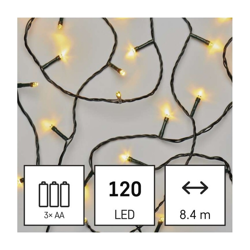 LED Vianočná vonkajšia reťaz 120xLED/3xAA 8,9m IP44 teplá biela