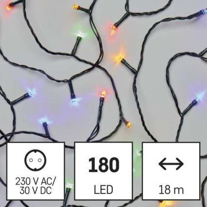 Svetlený LED veniec s 180 LED diódami v rôznych farbách, dlhý 18 metrov, napájanie 230 V AC/30 V DC.
