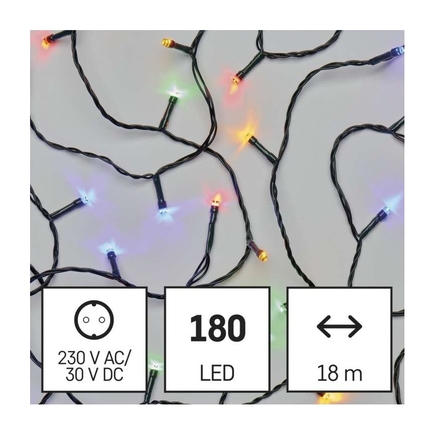 Svetlený LED veniec s 180 LED diódami v rôznych farbách, dlhý 18 metrov, napájanie 230 V AC/30 V DC.