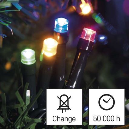 Farebné LED diódy svietia na umelom ihličnatom stromčeku. Diody sú rôznych farieb. Symboly na obrázku oznamujú: Change a 50 000 h.