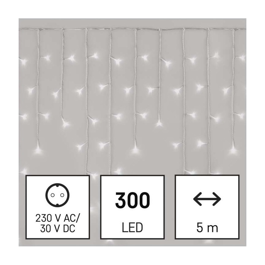 LED Vianočná vonkajšia reťaz 300xLED/8 módov 10m IP44 studená biela + diaľkové ovládanie