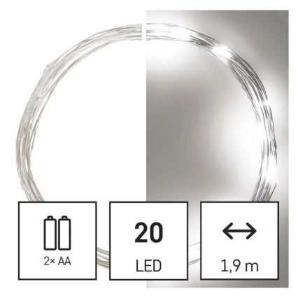 Svetlený drôt s 20 LED diódami svieti. Je dlhý 1,9 m a napájaný dvomi AA batériami.