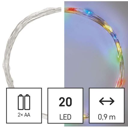 LED svetelný veniec s dĺžkou 0,9 m, poháňaný dvoma AA batériami, obsahuje 20 LED diód s viacfarebným osvetlením.