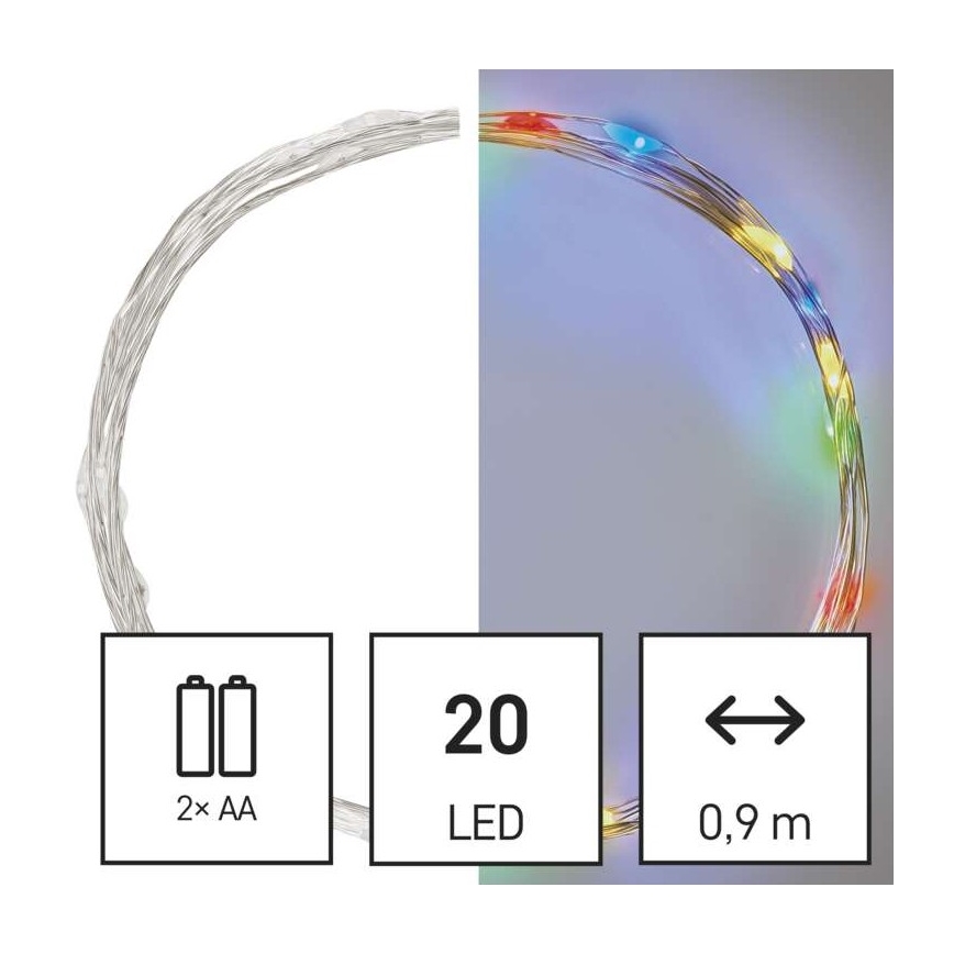 LED svetelný veniec s dĺžkou 0,9 m, poháňaný dvoma AA batériami, obsahuje 20 LED diód s viacfarebným osvetlením.