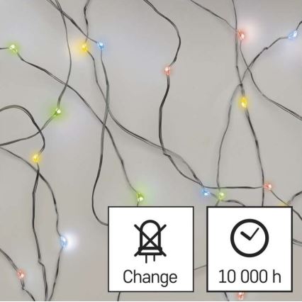 Svetelný reťaz s farebnými LED diódami je rozložený na svetlom pozadí. Žiarovky sú v rôznych farbách. Symbol ukazuje, že žiarovky nie sú vymeniteľné. Životnosť je 10 000 hodín.