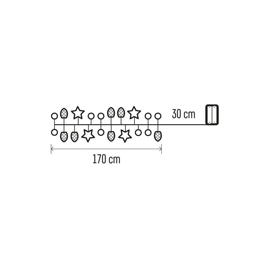 Dekorácia s dĺžkou 170 cm visí z 30 cm dlhej šnúry. Na dekorácii sa striedajú malé guľôčky, šišky a hviezdy.