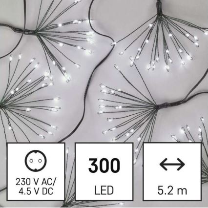 Svetlá s 300 LED diódami svietia. Dĺžka svetiel je 5,2 m. Napájanie: 230 V AC/4,5 V DC.