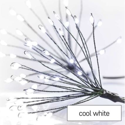 Svetlá s mnohými tenkými drôtikmi, na ktorých sú malé LED diódy, svietia. Svietia na bielu farbu označenú ako „cool white“. Sú na svetlom pozadí.