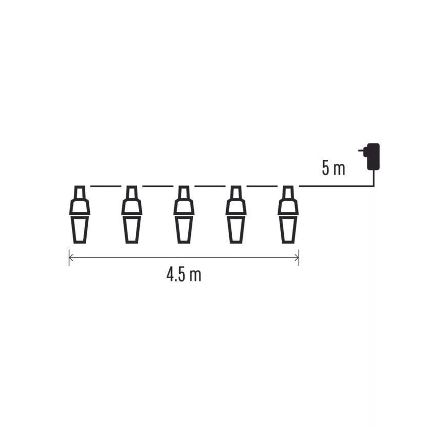 Pätica svietidiel je umiestnená v rade s dĺžkou 4,5 m. Sú pripojené k 5 m dlhému káblu s adaptérom.