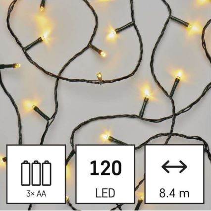 LED vianočný vonkajší reťaz 120xLED/3xAA 8,9m IP44 teplá biela