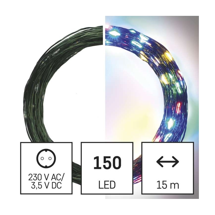 Svetlený drôt s 150 LED diódami, dĺžky 15 metrov, svieti viacfarebne. Napájanie: 230 V AC/3,5 V DC.