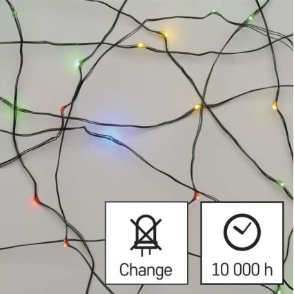 Svetielka s rôznofarebnými LED diódami sú rozmiestnené na čiernych kábloch. Svietia. Na obrázku je aj symbol Change a údaj 10 000 h.
