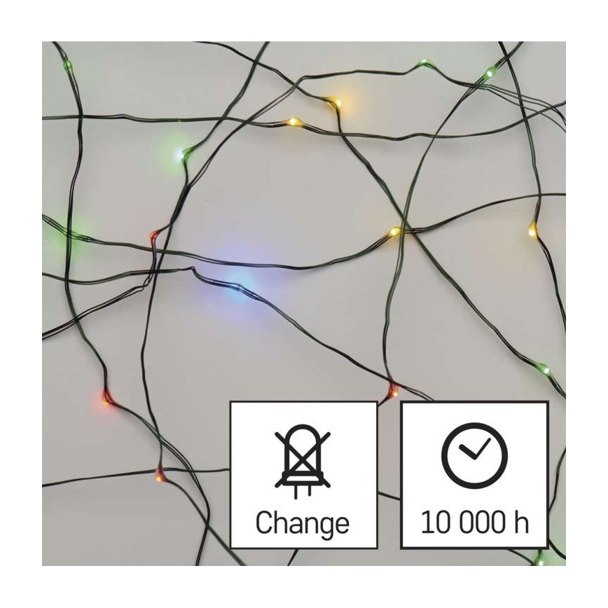 Svetielka s rôznofarebnými LED diódami sú rozmiestnené na čiernych kábloch. Svietia. Na obrázku je aj symbol Change a údaj 10 000 h.