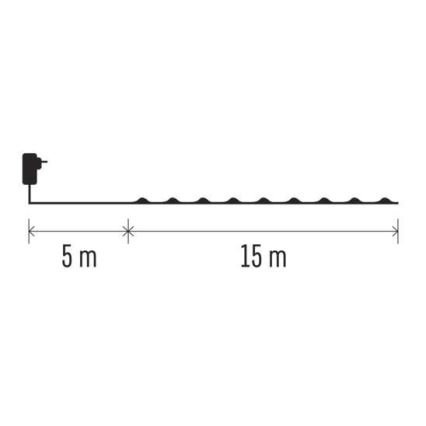 Kábel s dĺžkou 20 metrov (5m + 15m) s vlnitým povrchom a pripojeným adaptérom. Kábel je znázornený s rozmermi na schéme.