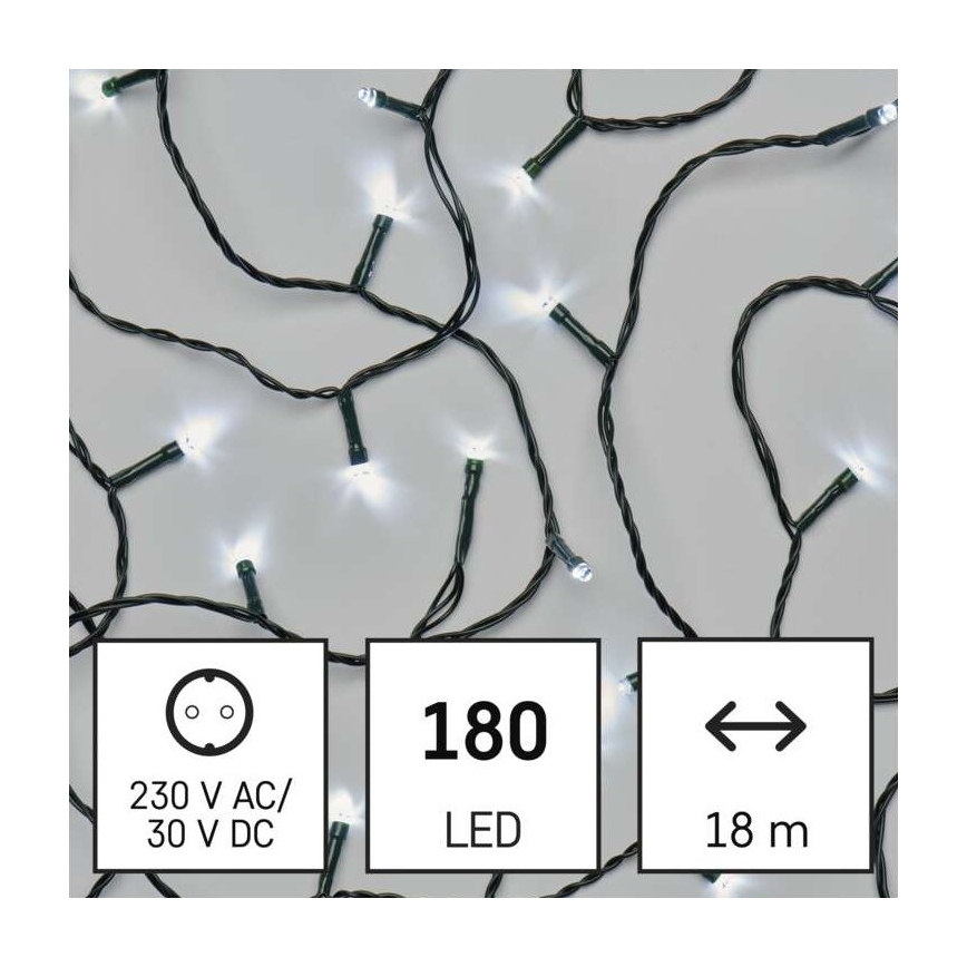 Svetlá s 180 LED diódami na 18 m dlhom čiernom kábli. Napájanie 230 V AC/30 V DC.