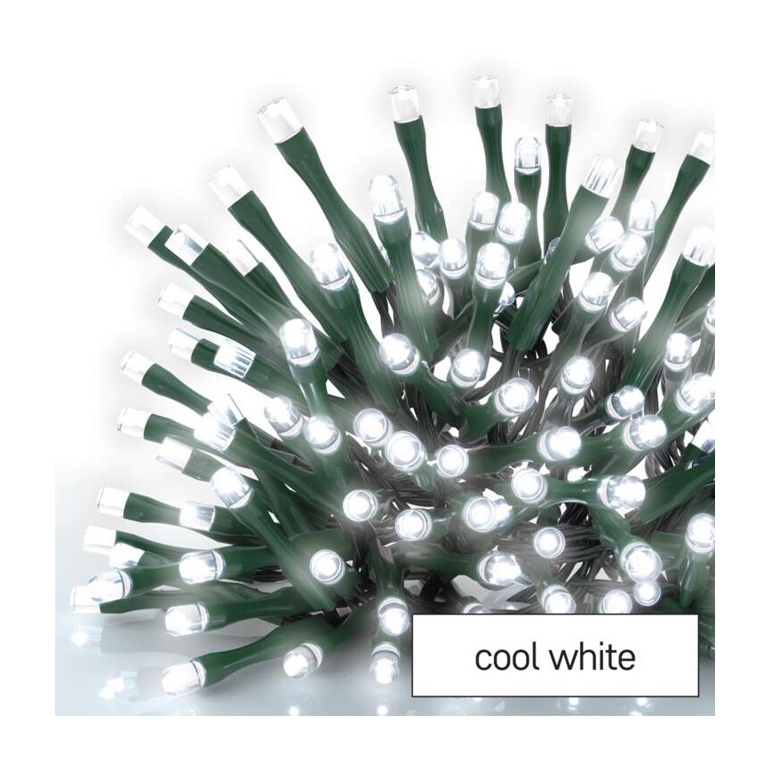 LED svetielka svietia. Sú na tmavozelenom kábli. Popis: cool white.