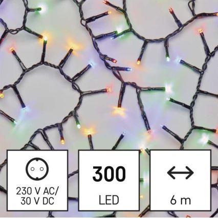 Svetelná reťaz s 300 LED diódami v rôznych farbách, dlhá 6 metrov, sa napája na 230 V AC/30 V DC.