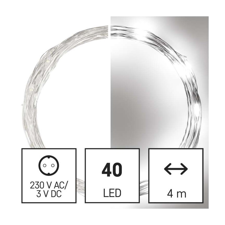 Svetelný LED pásik s 40 LED diódami, dĺžkou 4 metre, je stočený do kruhu. Napájanie: 230 V AC/ 3 V DC.