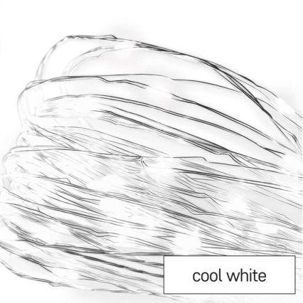 Svetlošedé tenké drôtiky s malými svetielkami sú prepletené a stočené na bielom pozadí. Text: cool white.