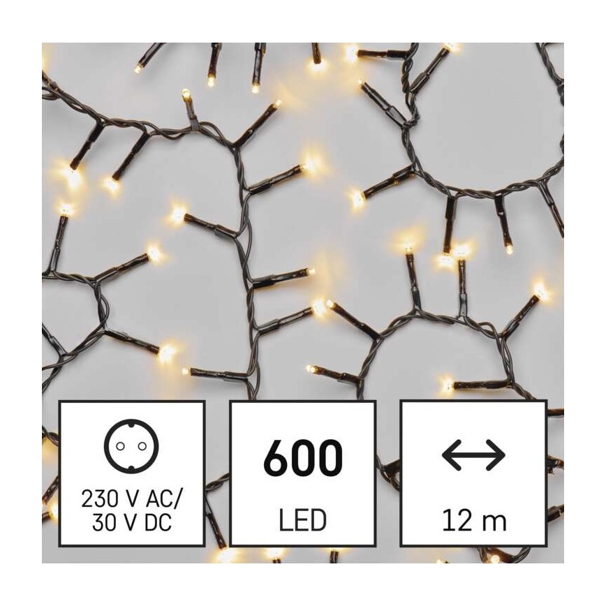 Svietiace LED diódy na čiernom kábli s dĺžkou 12 metrov, svietia na svetložlto. Napájanie 230 V AC/30 V DC. Celkom 600 LED diód.