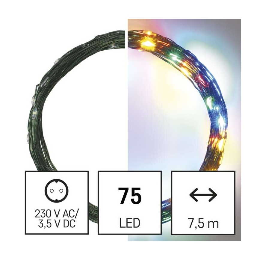 Svetlený drôt s 75 LED diódami svieti viacfarebne. Dĺžka drôtu je 7,5 m. Napájanie: 230 V AC/3,5 V DC.