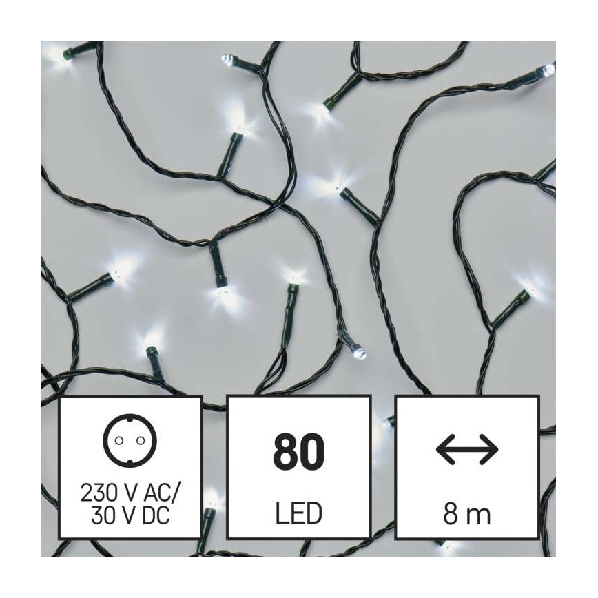 Svetelný reťaz s 80 LED diódami svieti. Dĺžka reťazca je 8 metrov. Napájanie 230 V AC/30 V DC.