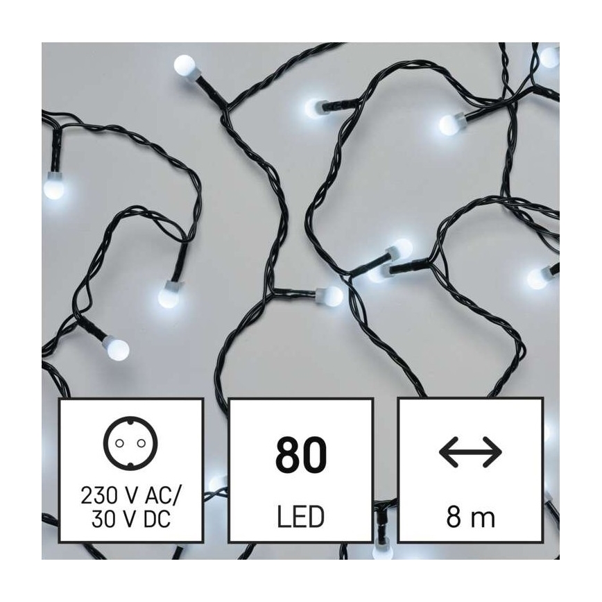 LED svetelný reťaz s 80 LED diódami, s bielym svetlom, dĺžkou 8 metrov, napájaný 230 V AC/30 V DC.