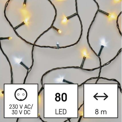Svetlený veniec s 80 LED diódami, s bielymi a žltými svetlami, na 8 m dlhom kábli. Napájanie: 230 V AC/30 V DC.