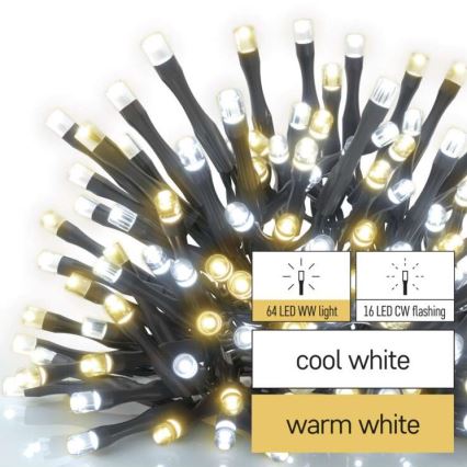 Svetlá LED svietia. Sú biele a teplé biele, s čiernymi káblami. 64 LED žiaroviek svieti stále, 16 LED žiaroviek blika.