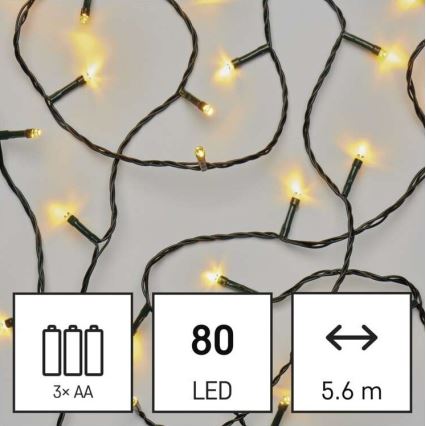 LED svetielka svietia. Sú na 5,6 m dlhom káble, s 80 LED diódami, napájané 3x AA batériami.