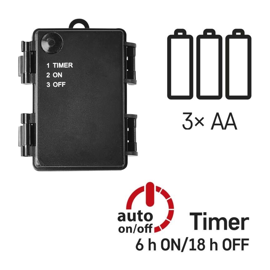 Čierny batériový box s prepínačom na nastavenie časovača (Timer, On, Off). Napájanie: 3x AA batérie. Časovač: 6 hodín zapnuté/18 hodín vypnuté.