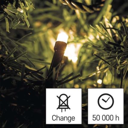 LED dióda svieti na umelom ihličnatom strome. Dióda je súčasťou svetelnej reťaze. Symboly označujú: „Change“ a „50 000 h“.