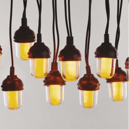 Viaceré hnedé závesné LED lampy s teplým žltým svetlom visia z čiernych káblov. Lampy sú umiestnené blízko seba.
