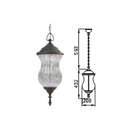 Závesná lampa s ozdobným skleneným telom visí zo stropu. Rozmery sú uvedené v milimetroch: celková výška 593, výška tela 432, priemer spodnej časti 200.