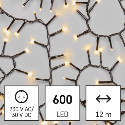 Svietiace LED diódy na čiernom kábli s dĺžkou 12 metrov, svietia na svetložlto. Napájanie 230 V AC/30 V DC. Celkom 600 LED diód.