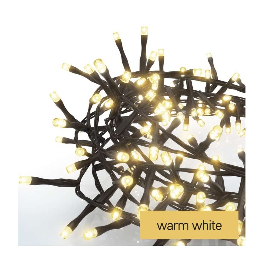 Svetelný reťaz s mnohými malými žiarovkami s teplou bielou farbou je stočený. Žiarovky sú pripevnené na čiernom kábli. Text na obrázku uvádza: warm white.