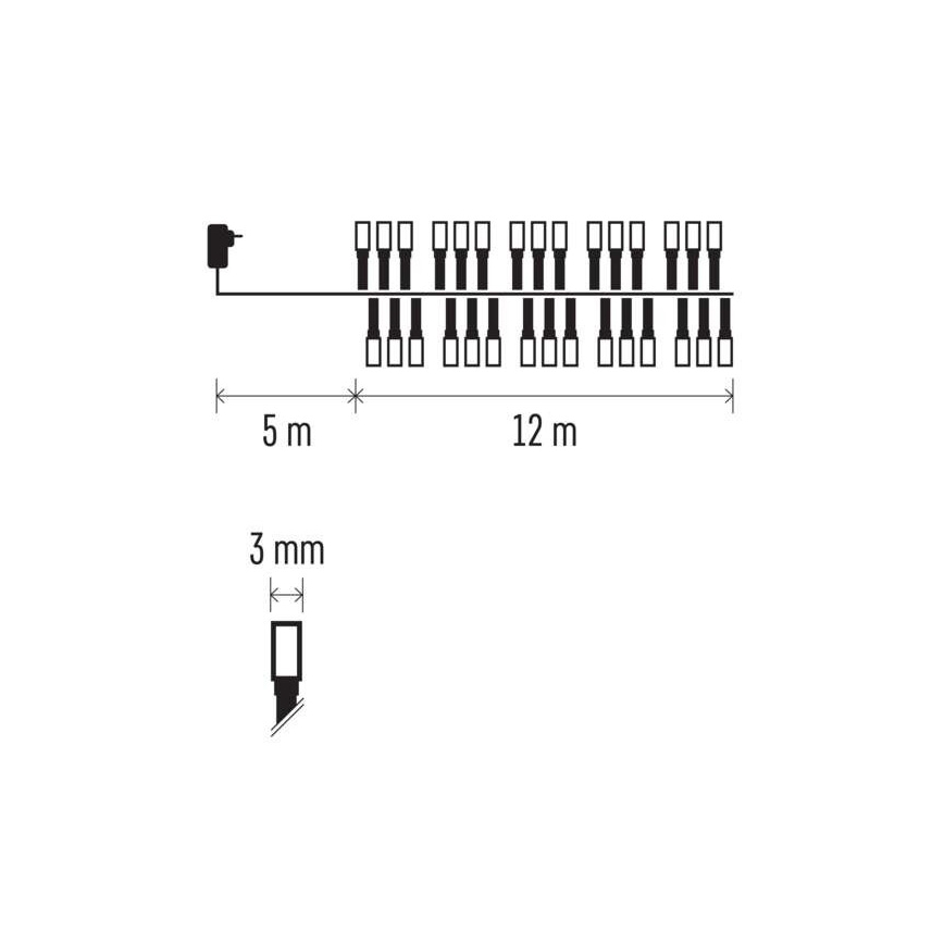 Svietidlá s dĺžkou 12 m a prívodným káblom 5 m sú usporiadané v rade. Jedno svietidlo má rozmery 3 mm.