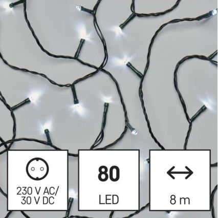 Svetelný reťaz s 80 LED diódami svieti. Dĺžka reťazca je 8 metrov. Napájanie 230 V AC/30 V DC.