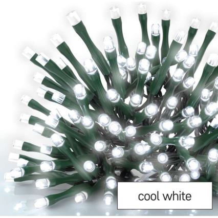 Svetlá svietia - zelené káble s bielymi LED diódami. Text: cool white.